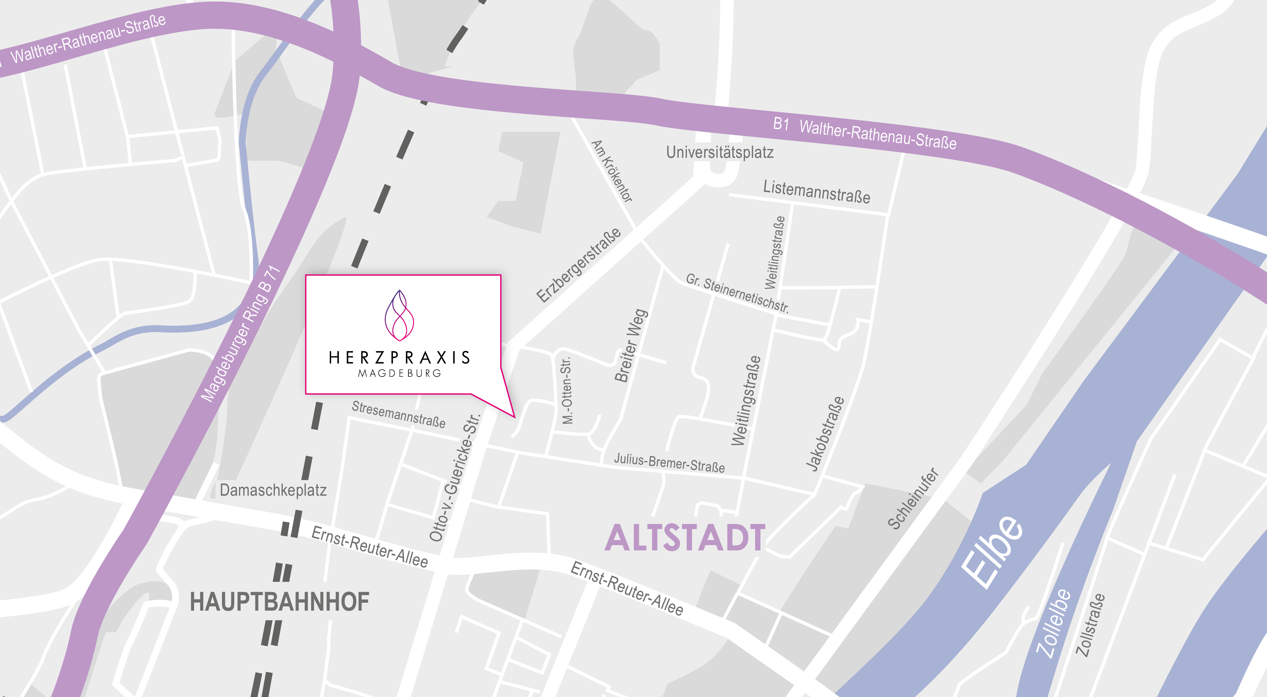 Anfahrtskarte zur Herzpraxis Magdeburg mit Standortmarkierung in der Otto-von-Guericke-Straße nahe Altstadt und Hauptbahnhof.